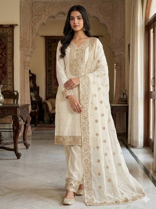 Exclusive White Fendy Silk Embroidery Work Palazzo Suit