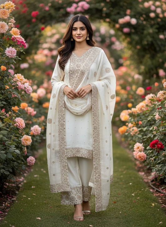 Exclusive White Fendy Silk Embroidery Work Palazzo Suit