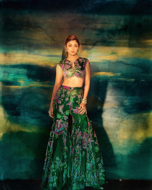 Charming Green Taby Silk Sequins Palazzo Suit