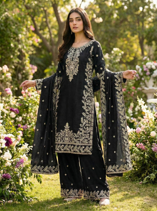 Amazing Black GMY Silk Embroidery Sequence Work Sharara Suit