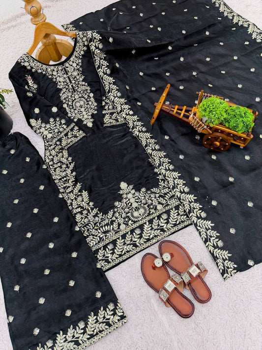 Amazing Black GMY Silk Embroidery Sequence Work Sharara Suit