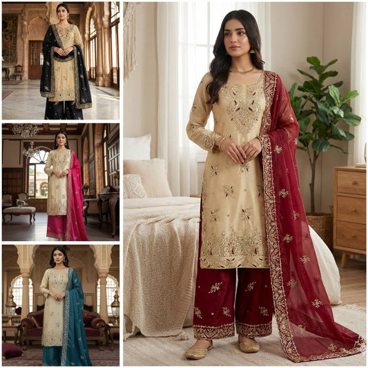 Outstanding Silk Heavy Embroidery Work Plazzo Suit
