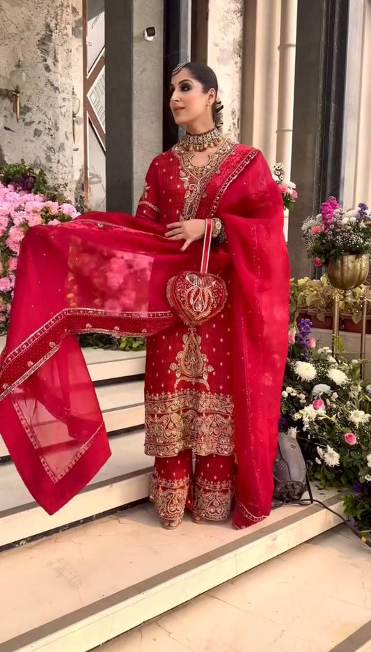 Amazing Red Crunchy Silk with Sequence Work Sharara Suit