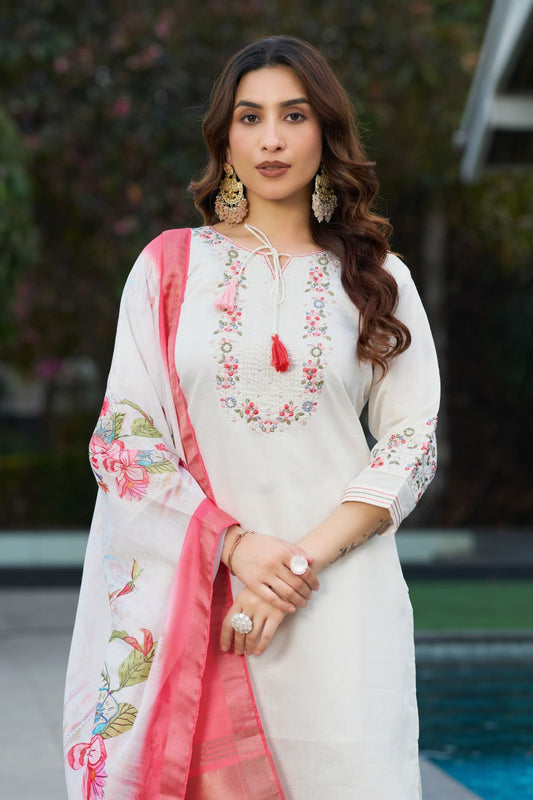 Amazing White Viscose Silk Multi Embroidery Kurti Set