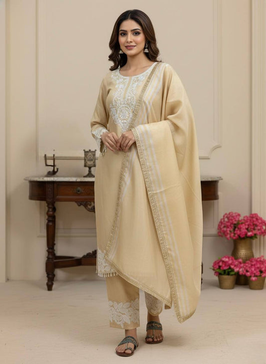 Alluring Beige Banarasi Silk Embroidered Palazzo Suit