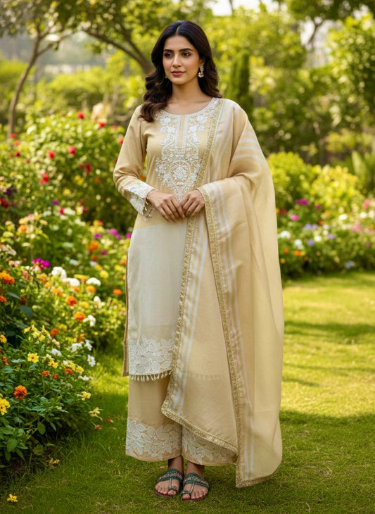 Alluring Beige Banarasi Silk Embroidered Palazzo Suit