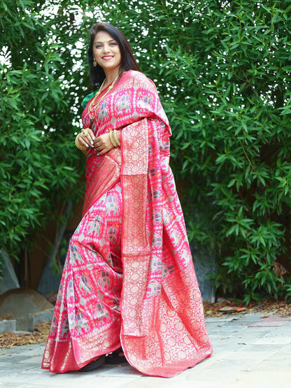 Patola Weaving Rich Pallu And Border Pink Color Saree