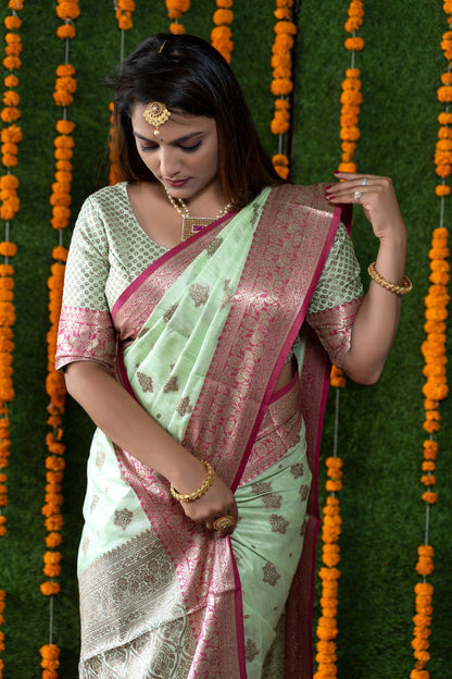 Pista Color Rich Pallu And Border Banarasi Saree