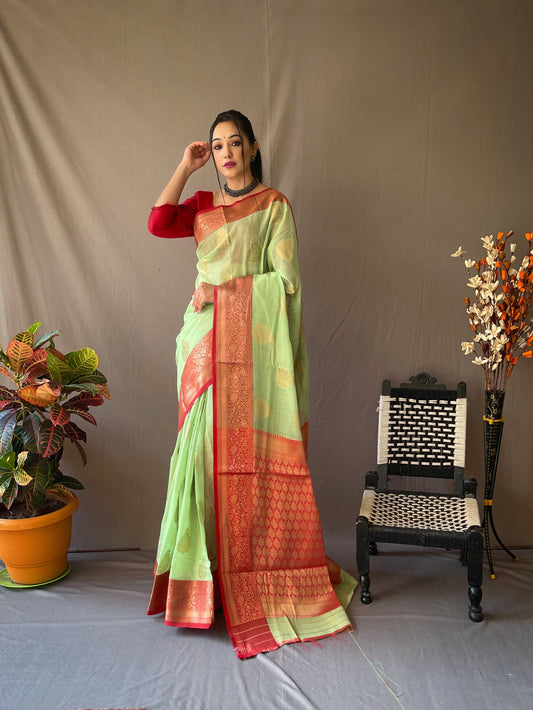 Pista Color Contrast Border And Pallu Linen Saree