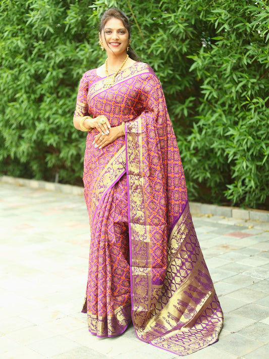 Beautiful Pink With Purple Ajrakh Zari Weaving Saree