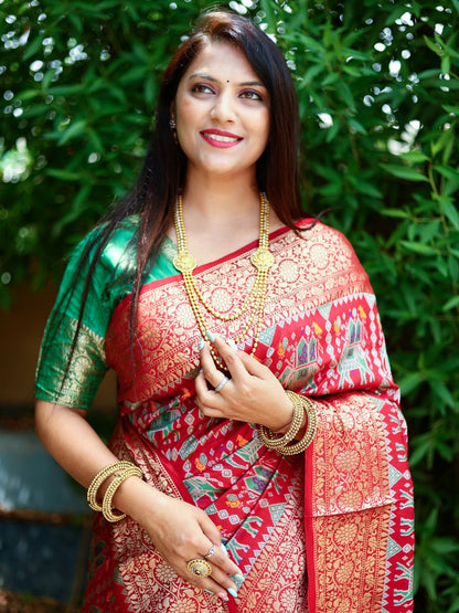 Patola Weaving Rich Pallu And Border Red Color Saree