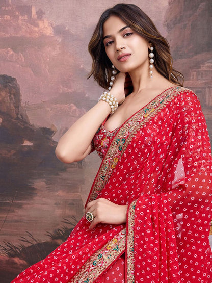 Red Bandhani Georgette Saree with Embroidered Border | red color saree for wedding & Wedding Saree for Women