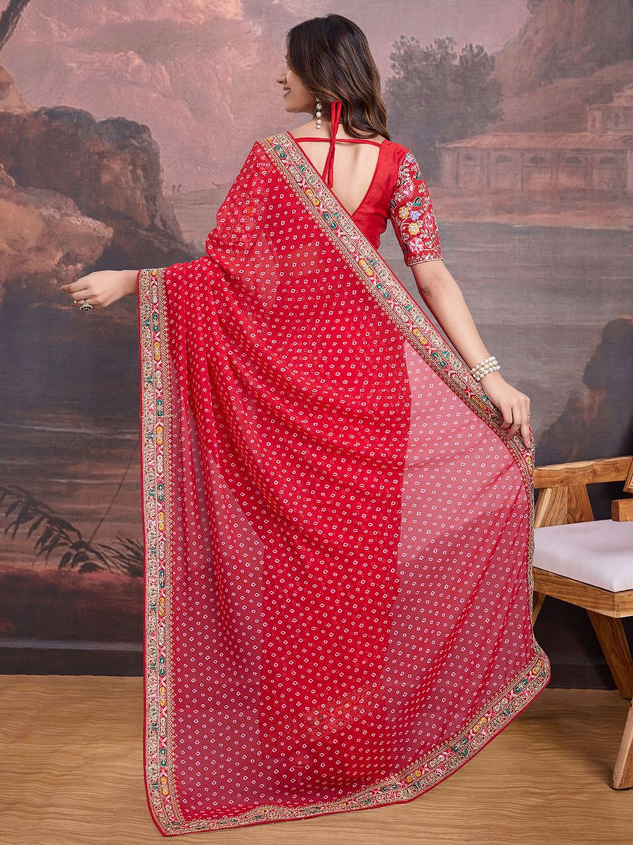 Premium red Bandhani georgette saree back look