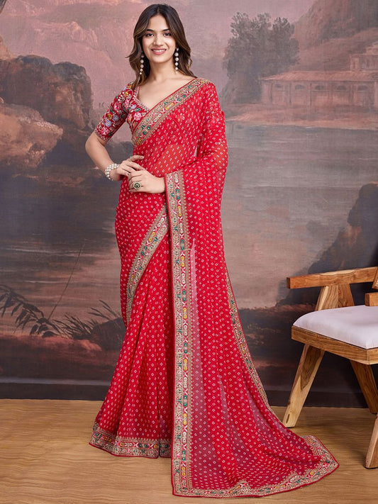 Red Bandhani Georgette Saree with Embroidered Border | red color saree for wedding & Wedding Saree for Women