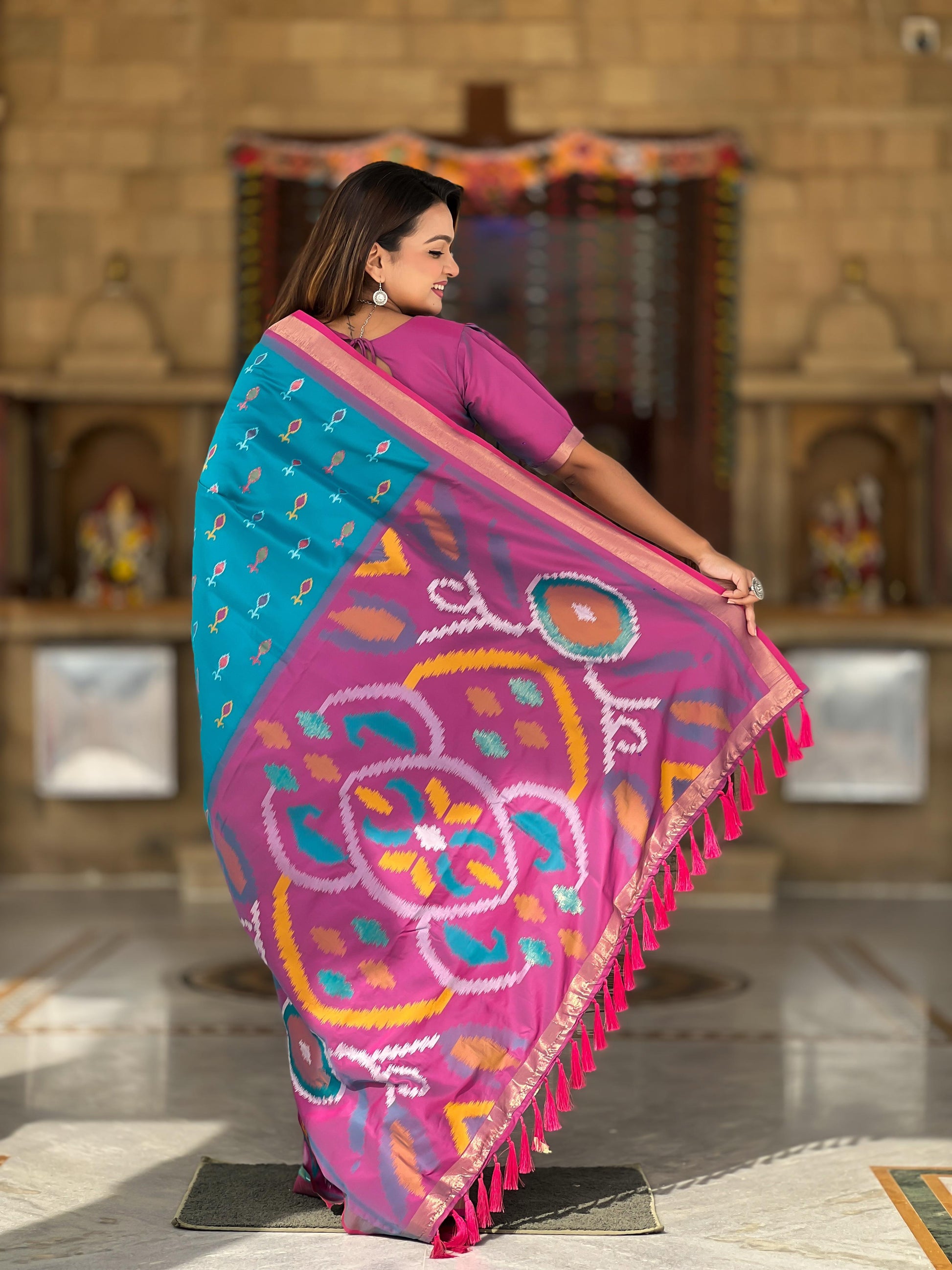 Sky Blue Color Patola Weaving Border Silk Saree
