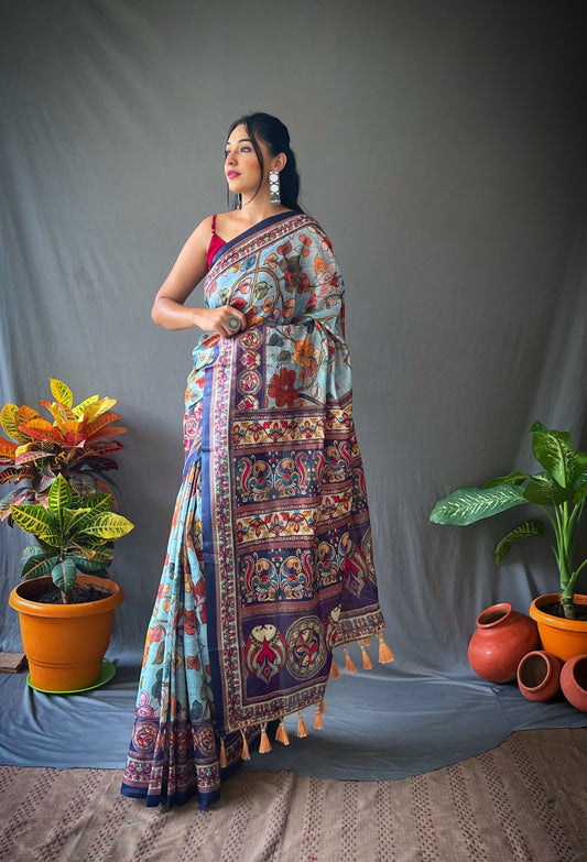 Festive Wear Multi Design Sky Blue Color Cotton Saree