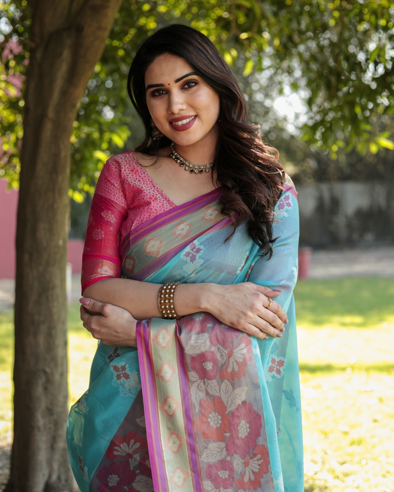 Festive Wear Sky Blue Color Designer Organza Saree