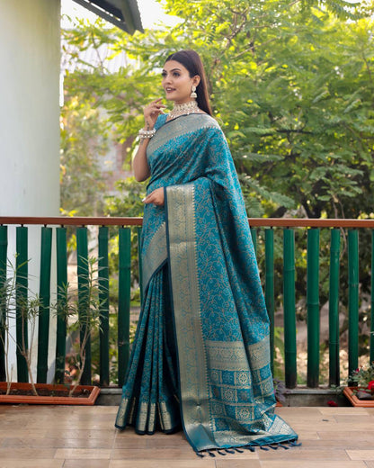 Bandhej Designed Zari Patola Weaving Teal Blue Saree