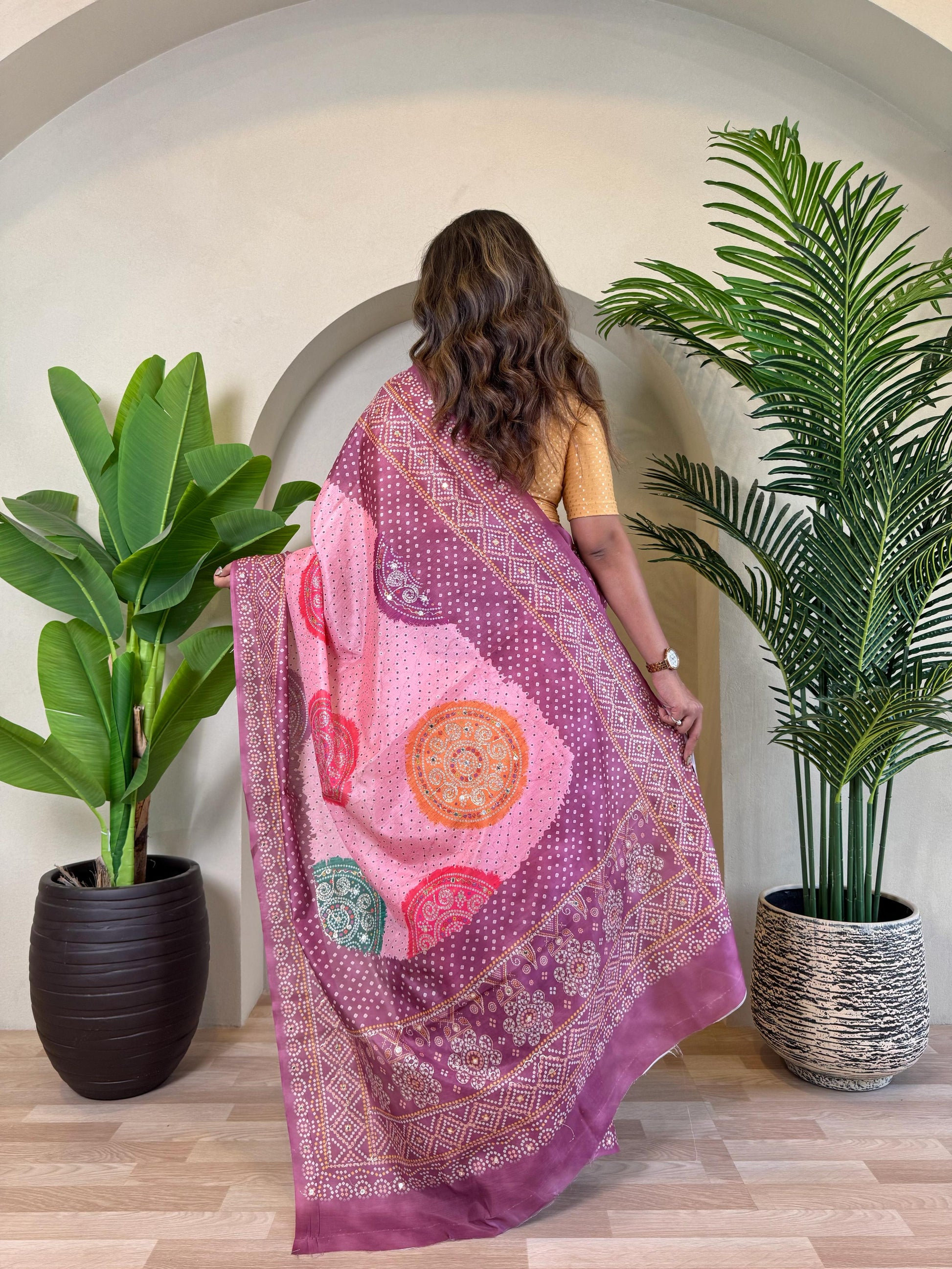 Multi Design Bandhani Print Wine Color Exclusive Saree