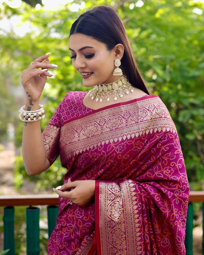 Bandhej Designed Zari Patola Weaving Wine Saree